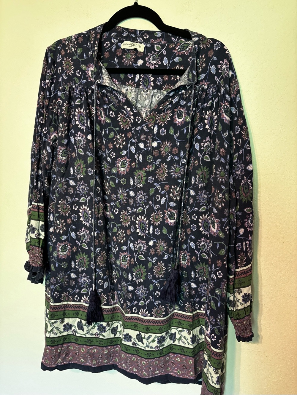Natural Life Floral Boho Tunic Dress | Size M | Tassel Tie | Smocked Cuffs | GUC